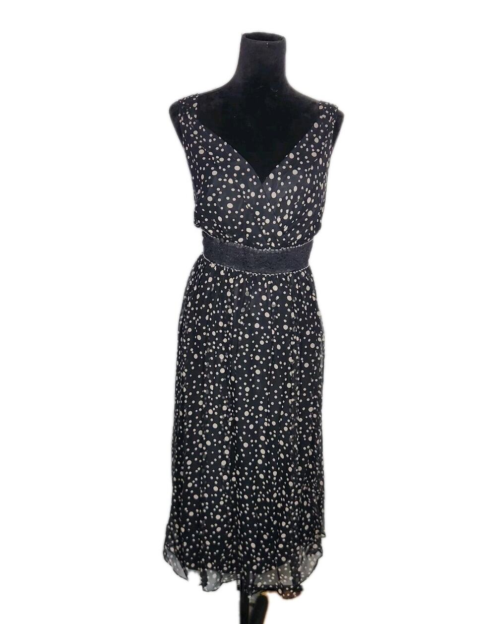 Signature By Robbie Bee Vtg Y2k Silk Beaded Lace Polka Dots Midi Dress Size 14W